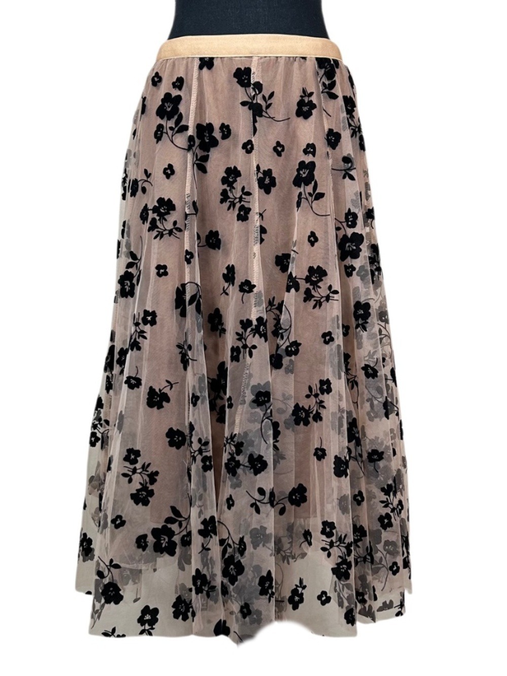 ChicWish Layered Mesh Tulle Caramel Black Floral Midi Skirt Size S-M
